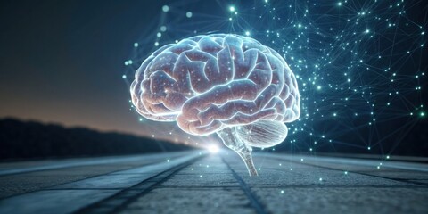 Fototapeta premium A digital illustration of a glowing brain, representing artificial intelligence and neural networks, set against a dark background with geometric patterns.