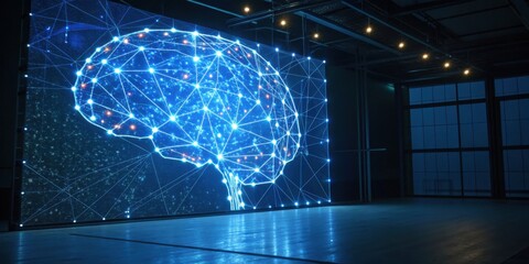 A futuristic room features a large digital display of a brain made from blue light and geometric patterns, showcasing technology in a modern space.