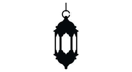 A single ornate moroccan style lantern hanging against a white background in a stark black silhouette