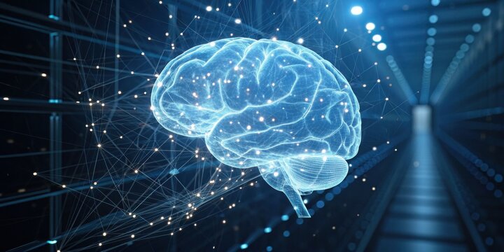 A glowing, digital brain representation surrounded by a network of connected lines, symbolizing technology and neural connections.