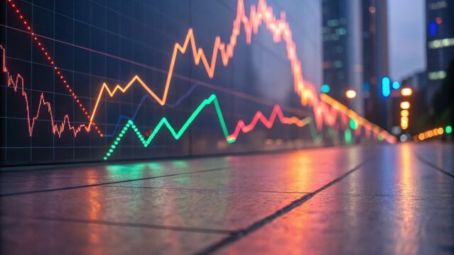 A vibrant financial chart reflects on a polished surface, showcasing fluctuating market trends in an urban setting. - Powered by Adobe