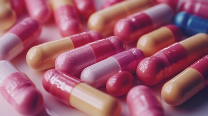 Assorted colorful capsules arranged, a macro view of health remedies