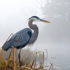 Fototapeta premium Great Blue Heron Standing Tall in Misty Marsh.
