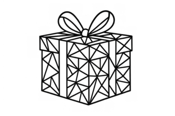 Geometric gift box line art, black outline with triangle pattern, celebration present icon, transparent background