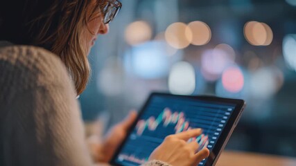 Woman analyzes stock market trends on digital tablet in a modern workspace during evening hours - Powered by Adobe