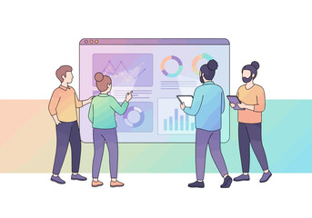 Team Collaboration Analyzing Data on Large Screen Display.