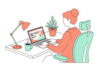 Woman Working at Desk with Laptop and Plant.