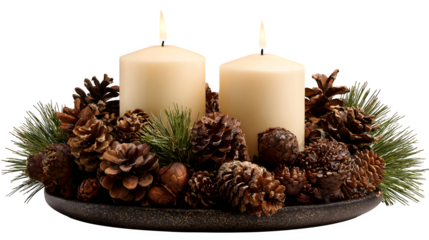 Advent Wreath with Candles and Pinecones, isolated on transparent background