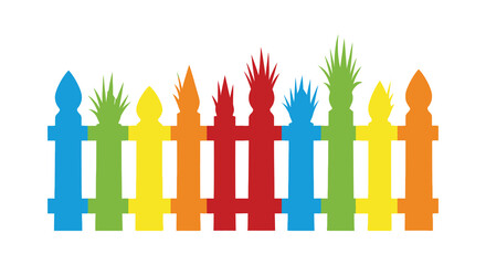 Colorful picket fence silhouette with grass tops against a white background representing summer or garden scenes silhouette