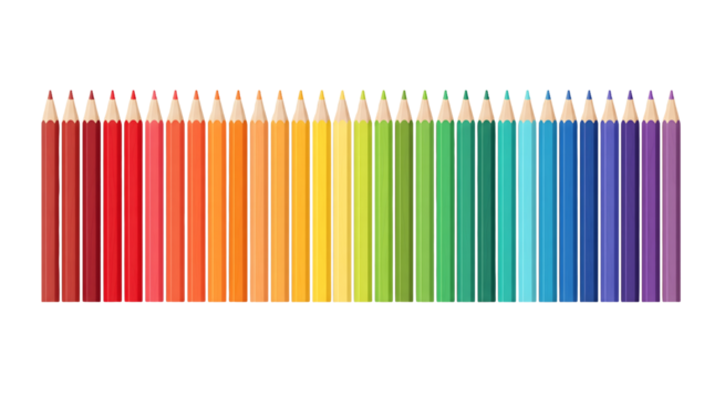 Colorful pencils in row isolated on white or transparent background