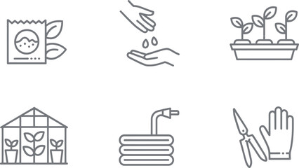 Minimalist line art icons for gardening seed starting greenhouse planting and tools set vector