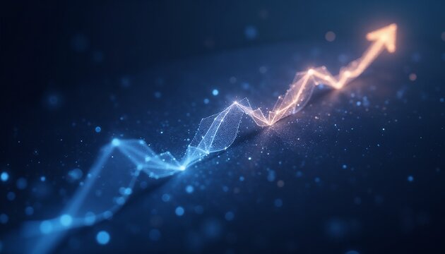 A digital chart of global currencies showing an upward trend using glowing lines and dots