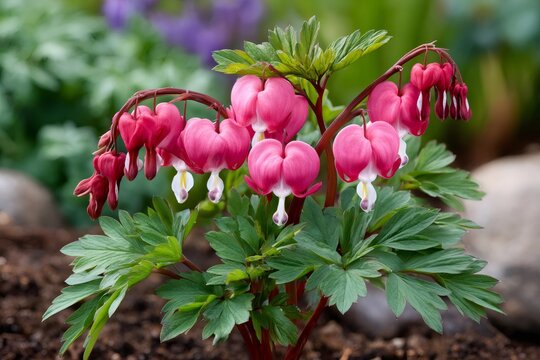 Bleeding heart plant blooming with pink heart flowers in a garden - Powered by Adobe
