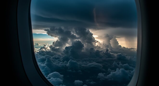 Dramatic storm clouds seen through airplane window evoke travel adventure and powerful weather phenomena, perfect for travel blogs or aviation themes