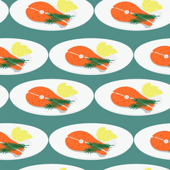 Naklejka premium Salmon steak with lemon slices and Rosemary Twigs on white Plate Seamless Pattern Healthy Food Fond