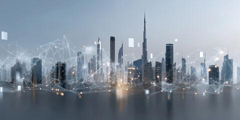 Fototapeta premium Futuristic city skyline with digital network overlay, showcasing modern architecture and technology integration. scene conveys innovation and connectivity