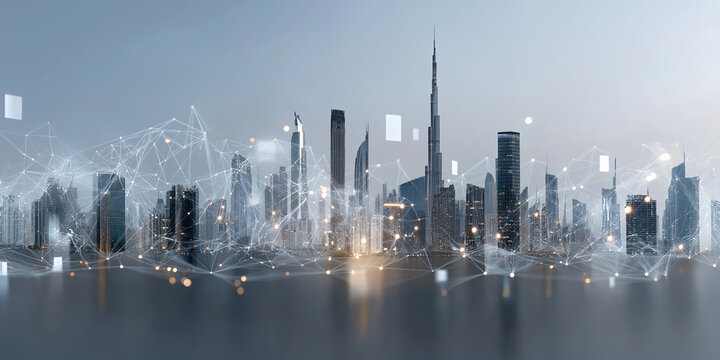 Futuristic city skyline with digital network overlay, showcasing modern architecture and technology integration. scene conveys innovation and connectivity