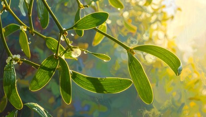 Close-up of vibrant green mistletoe leaves with water droplets