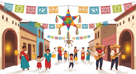 Festive Mexican street scene people piñatas colorful buildings and papel picado banners
