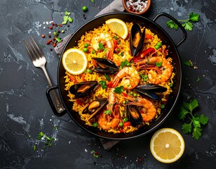 Top view of traditional Spanish paella with saffron rice, shrimp, mussels, and vegetables