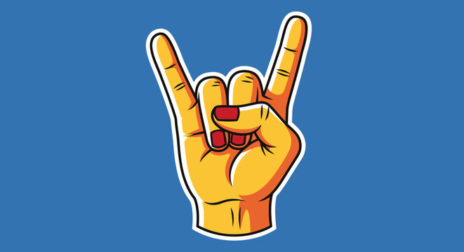 A cartoon illustration of a hand with red fingernails making the rock and roll horns sign against a solid blue background. - Powered by Adobe