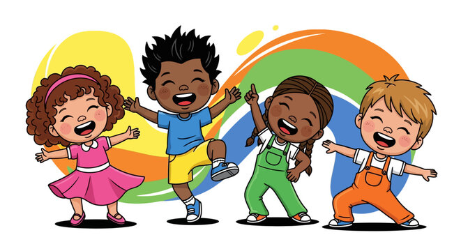 Joyful illustration of multicultural kids laughing and dancing with a colorful rainbow background.
