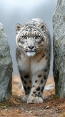 Fototapeta premium A snow leopard confidently walks between two rocky formations, showcasing its striking features and beautiful fur pattern in a serene, natural environment.