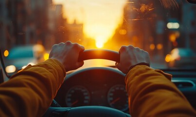 Obraz premium Close-up of hands on a steering wheel, driving through the city during sunrise or sunset. This scene symbolizes vehicle insurance, road safety, and travel, highlighting the importance, Generative AI