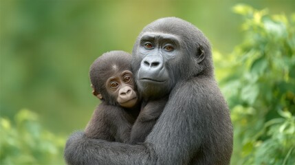 Fototapeta premium A tender moment between a mother gorilla and her baby, showcasing the bond and care in a natural setting.