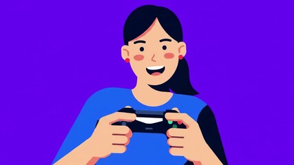 Young woman smiling while holding game controller against vibrant background - Powered by Adobe