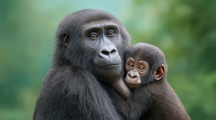 Obraz premium A mother gorilla embraces her baby, showcasing a tender moment in the lush greenery of their habitat.