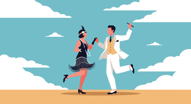 A joyous couple in 1920s flapper and Gatsby attire dances outdoors, embodying the spirit of the Roaring Twenties.
