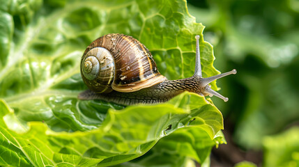 Snail on green leaf