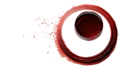 Dark wine glass surrounded by ring of splashed liquid on black backdrop