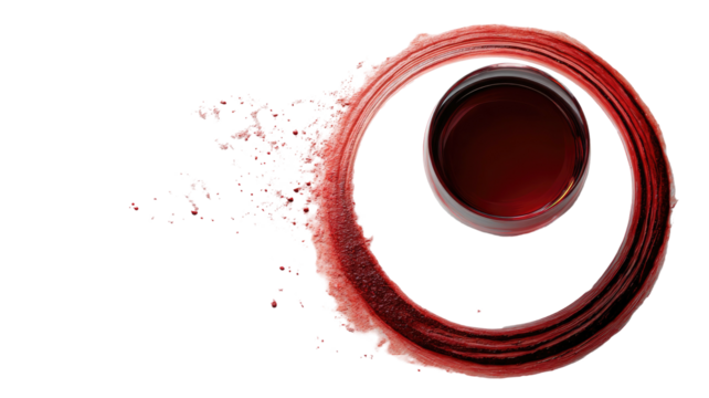 Dark wine glass surrounded by ring of splashed liquid on black backdrop