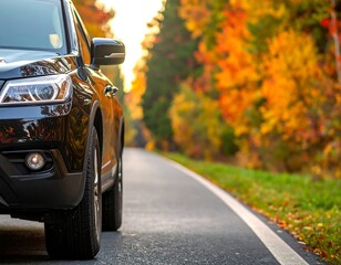 Front end of a black SUV on a road lined with vibrant autumn foliage
