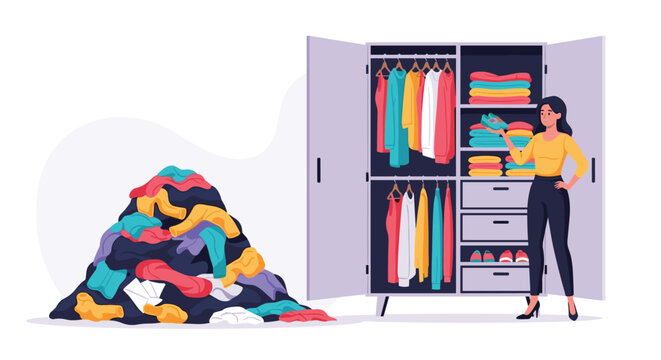 A woman happily organizes a large pile of messy clothes, transforming a cluttered space into a neat and tidy closet.