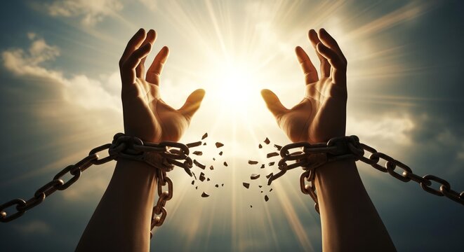 Hands breaking free from chains against a bright, radiant sunburst background, symbolizing liberation.