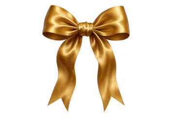 Golden satin bow decoration with hanging ribbons, ideal for celebrating luxury gifts and joyous holiday packaging, transparent background