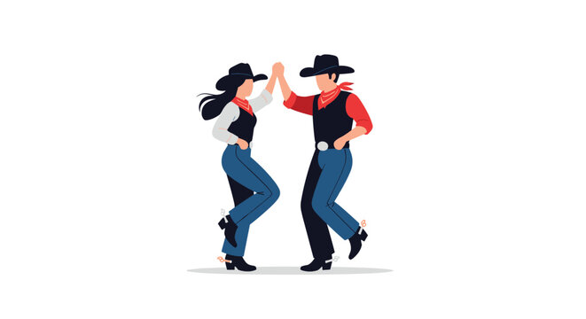A cowboy and cowgirl joyfully high-fiving and dancing in traditional Western outfits, depicting a cheerful country western theme.