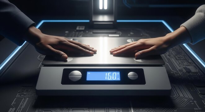Two people's hands interacting with a digital weighing scale, displaying a numeric value.