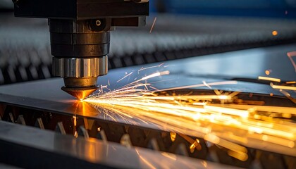 Intense close-up of a metal sheet being cut with precision, sparks flying