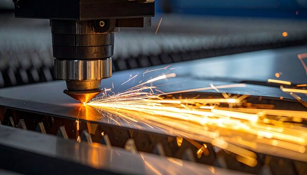 Intense close-up of a metal sheet being cut with precision, sparks flying