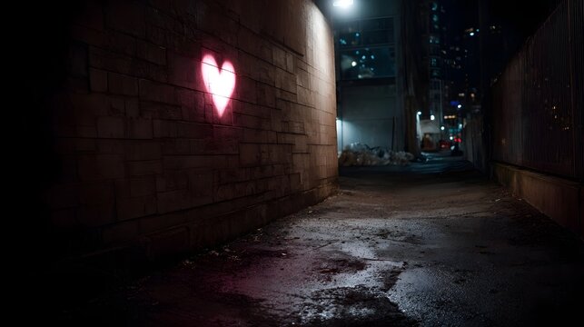 A vibrant pink neon heart glows on a textured brick wall in a dark urban alleyway at night reflecting on the wet pavement - Powered by Adobe
