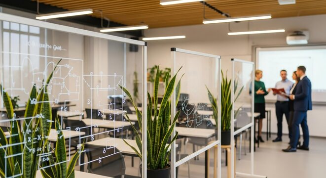 Interior view of a modern classroom with plants, desks, and people discussing. - Powered by Adobe