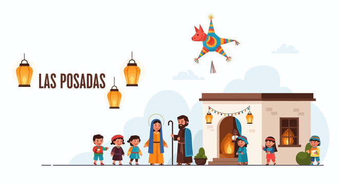 Las Posadas art Mary Joseph kids singing house with pi&ntilde;ata lanterns