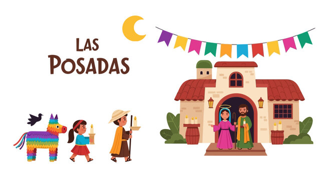 Las Posadas art Mary Joseph kids with candles pi&ntilde;ata church  moon under colorful flags