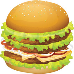 Delicious Double Cheeseburger With Lettuce Tomato Onion And Sesame Seed Bun Isolated On Transparent Background