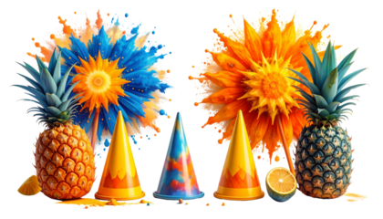Maximalist fun duo with orange-blue attire and whimsical cones isolated on transparent background.