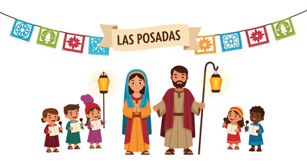 Las Posadas display Mary Joseph kids with songbooks lanterns and colorful flags